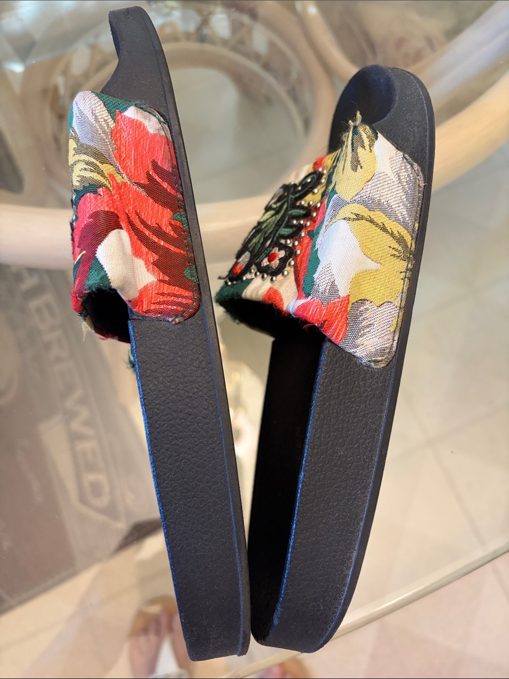 Steve Madden Black Slides with Multicolor Floral Embroidery & Silver Studs - Picture 2 of 9